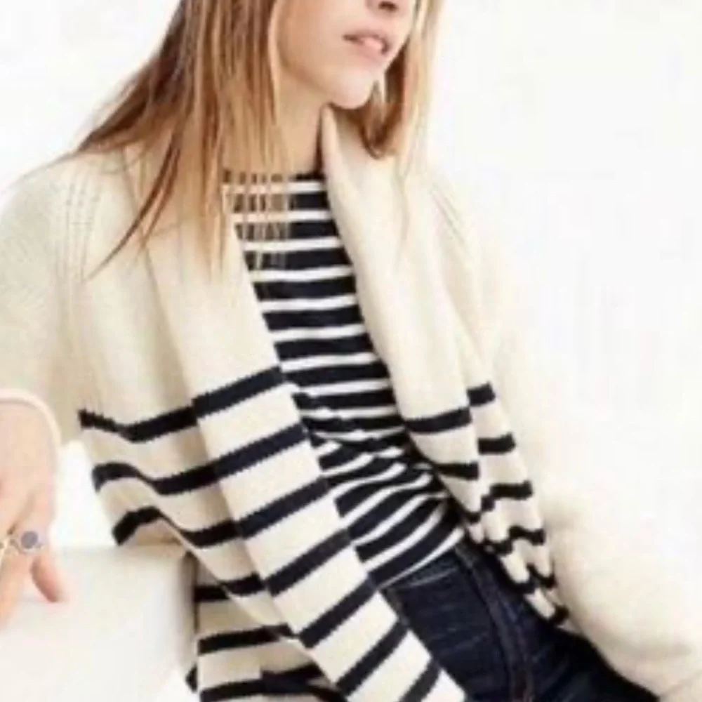 J. Crew Long Open Cardigan Sweater Navy Stripe Cotton Wool Blend Sz XS - Picture 12 of 12